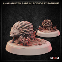 Digital render of two hedgehog miniatures printed in grey resin by Mia Kay M3DM — a larger pose mid-forage on a base with crystal growths and low foliage, and a smaller curled pose on a round textured base with crystalline flora surroundings