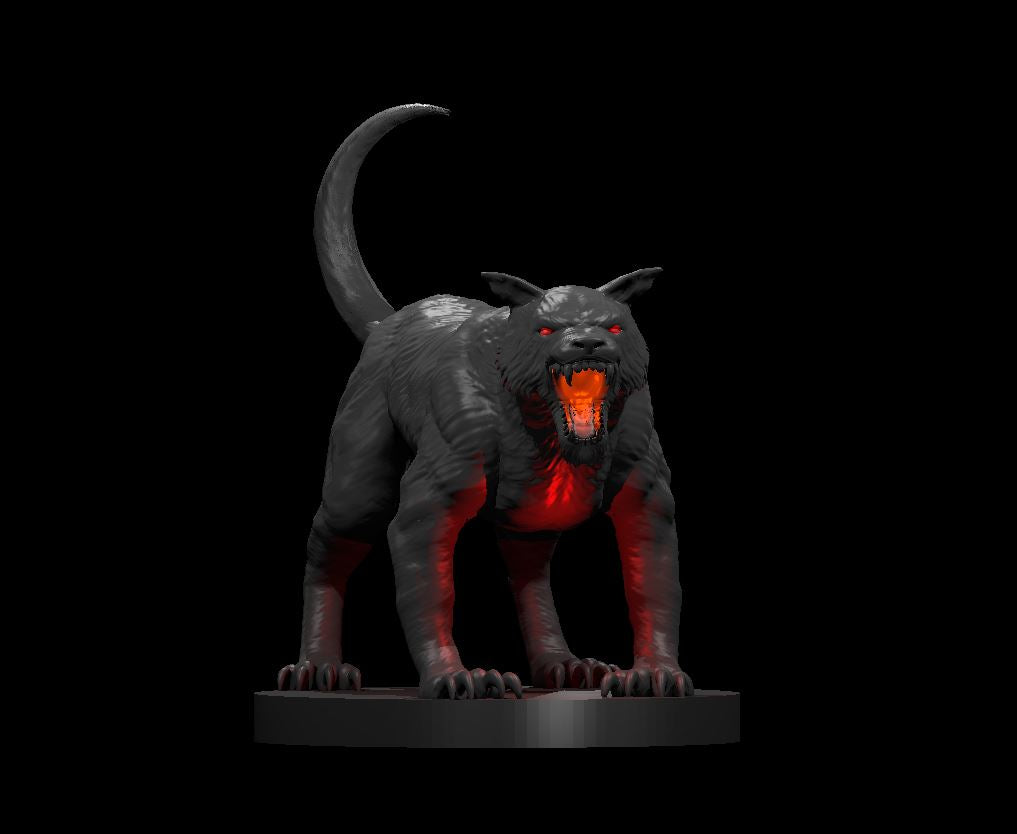 Digital render of a Hell Hound miniature by MZ4250 — a dark, muscular infernal hound in an aggressive low stance, jaws wide open with an orange glowing maw, red-lit chest and forelegs, burning red eyes, arched tail, and splayed claws on a round black base