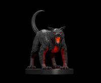 Digital render of a Hell Hound miniature by MZ4250 — a dark, muscular infernal hound in an aggressive low stance, jaws wide open with an orange glowing maw, red-lit chest and forelegs, burning red eyes, arched tail, and splayed claws on a round black base