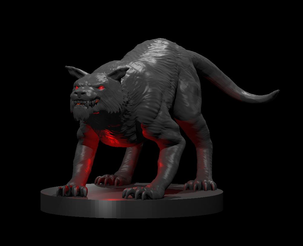 Digital render of a Hell Hound miniature at 32mm scale — a large, dark-furred canine beast crouched in a stalking pose with arched spine, bared fangs, glowing red eyes, and splayed claws gripping a round base, bathed in ominous red underlighting