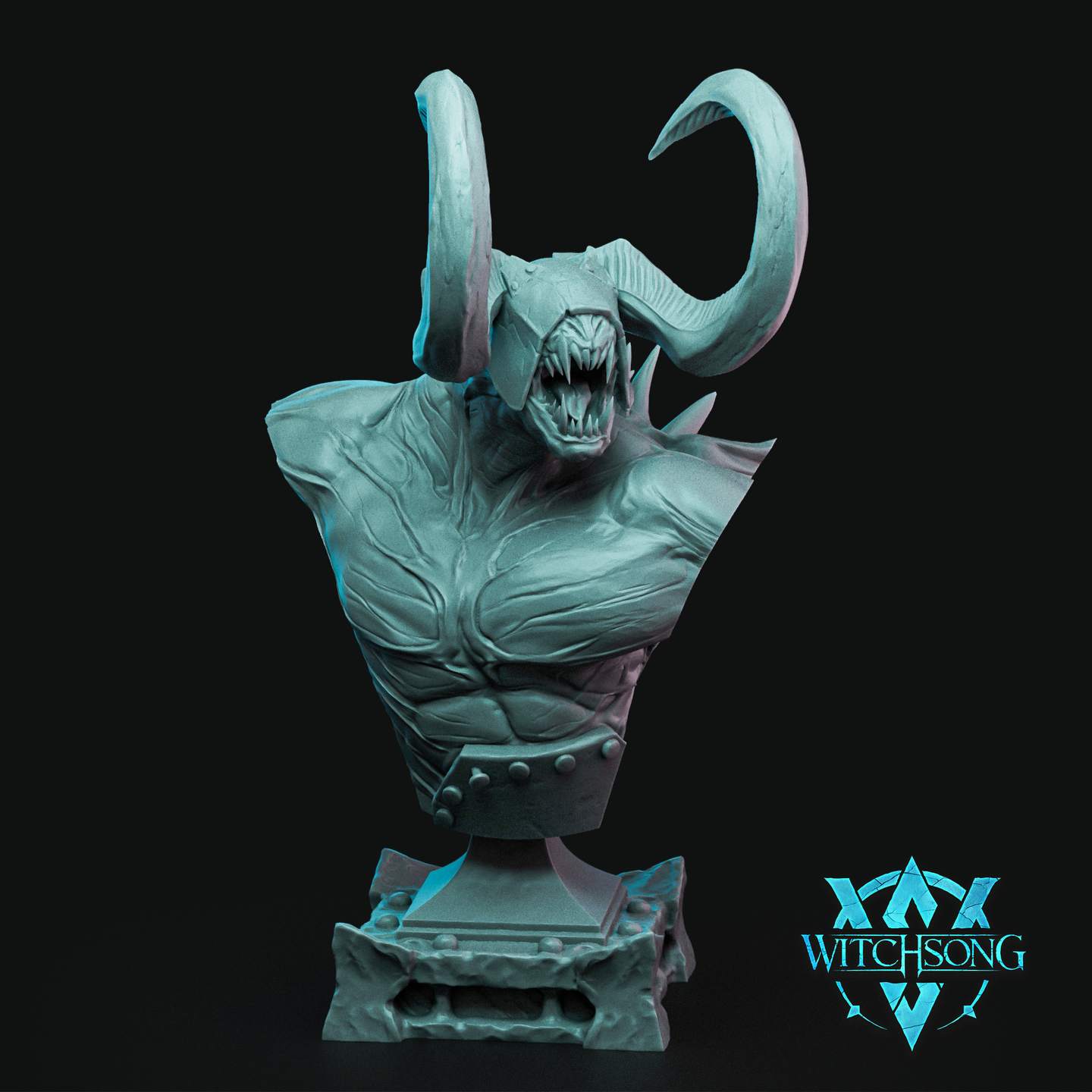 Unpainted teal resin bust of Lieutenant Agguth — a horned demon with large asymmetric horns, wide-open roaring jaw with multiple fangs, heavily muscled chest with ridged hide and bony shoulder spurs, mounted on a riveted plinth base. Witchsong Miniatures logo visible in lower right corner.