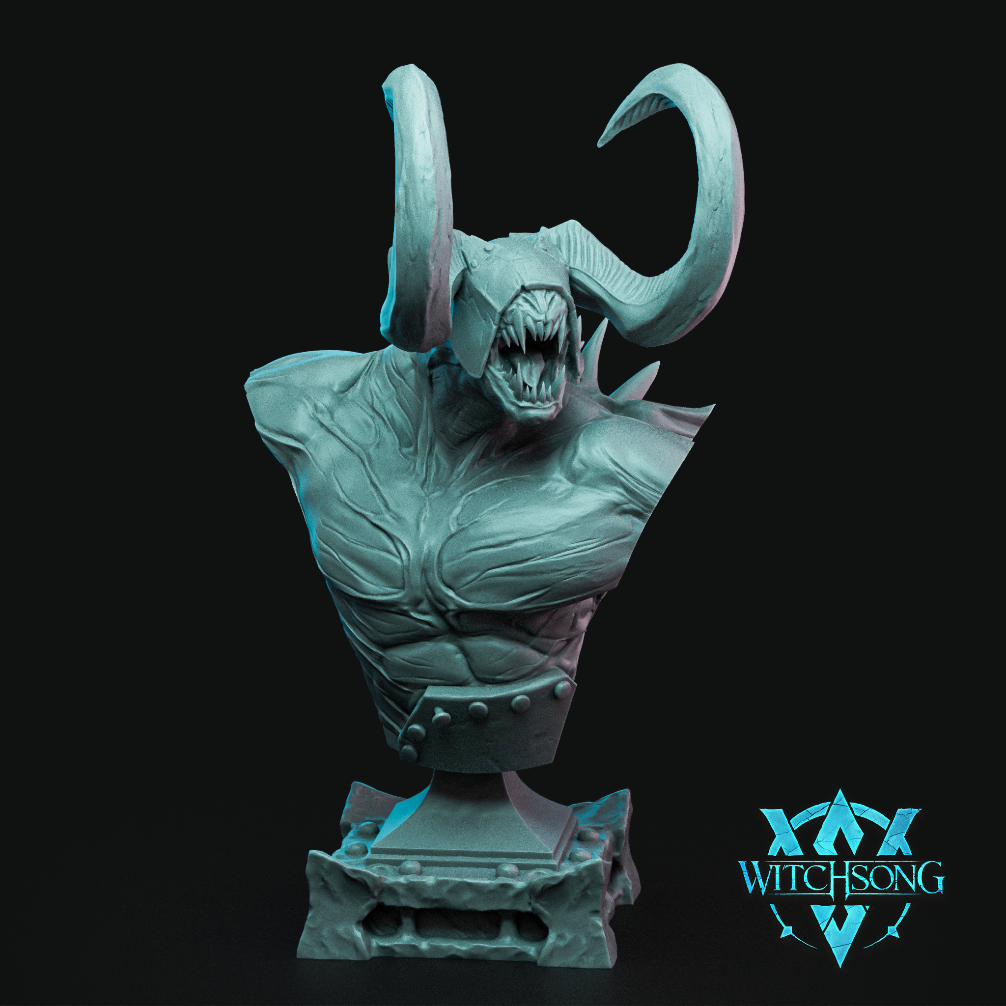 Unpainted teal resin bust of Lieutenant Agguth — a horned demon with large asymmetric horns, wide-open roaring jaw with multiple fangs, heavily muscled chest with ridged hide and bony shoulder spurs, mounted on a riveted plinth base. Witchsong Miniatures logo visible in lower right corner.