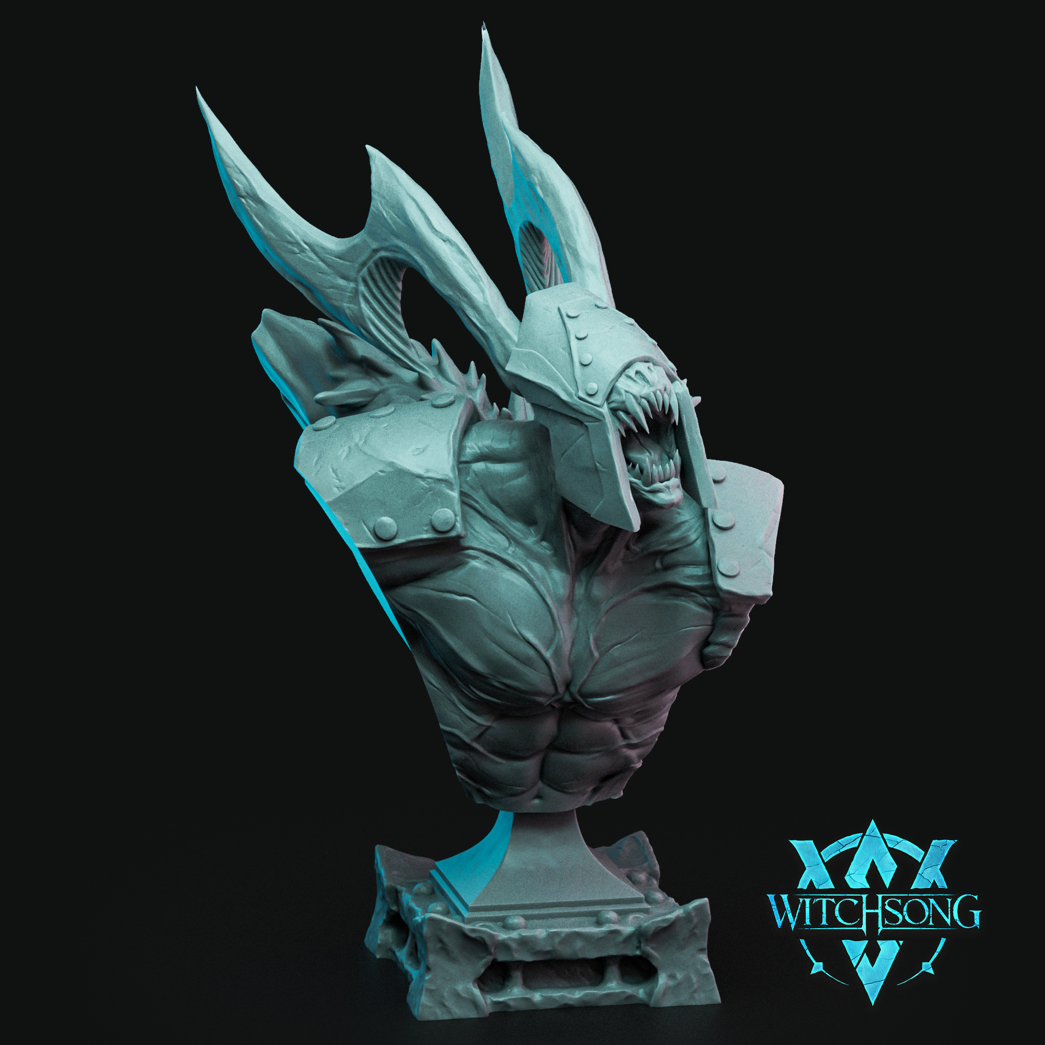 Digital render of the Lieutenant Bellath bust by Witchsong Miniatures — an unpainted grey resin sculpt showing a snarling armoured creature with multiple jagged horns rising from a riveted war helm, jaw wide open revealing rows of sharp fangs, broad plated shoulders with battle-worn detailing, and a sculpted riveted stone display base