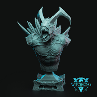 Digital render of the Lieutenant Eggath resin bust by Witchsong Miniatures — an unpainted grey demon figure with a wide-open fanged maw, spiked asymmetric helm with a large cleaver blade rising behind it, spiked pauldrons, and a heavily muscled scarred torso, mounted on a riveted iron-and-stone display plinth