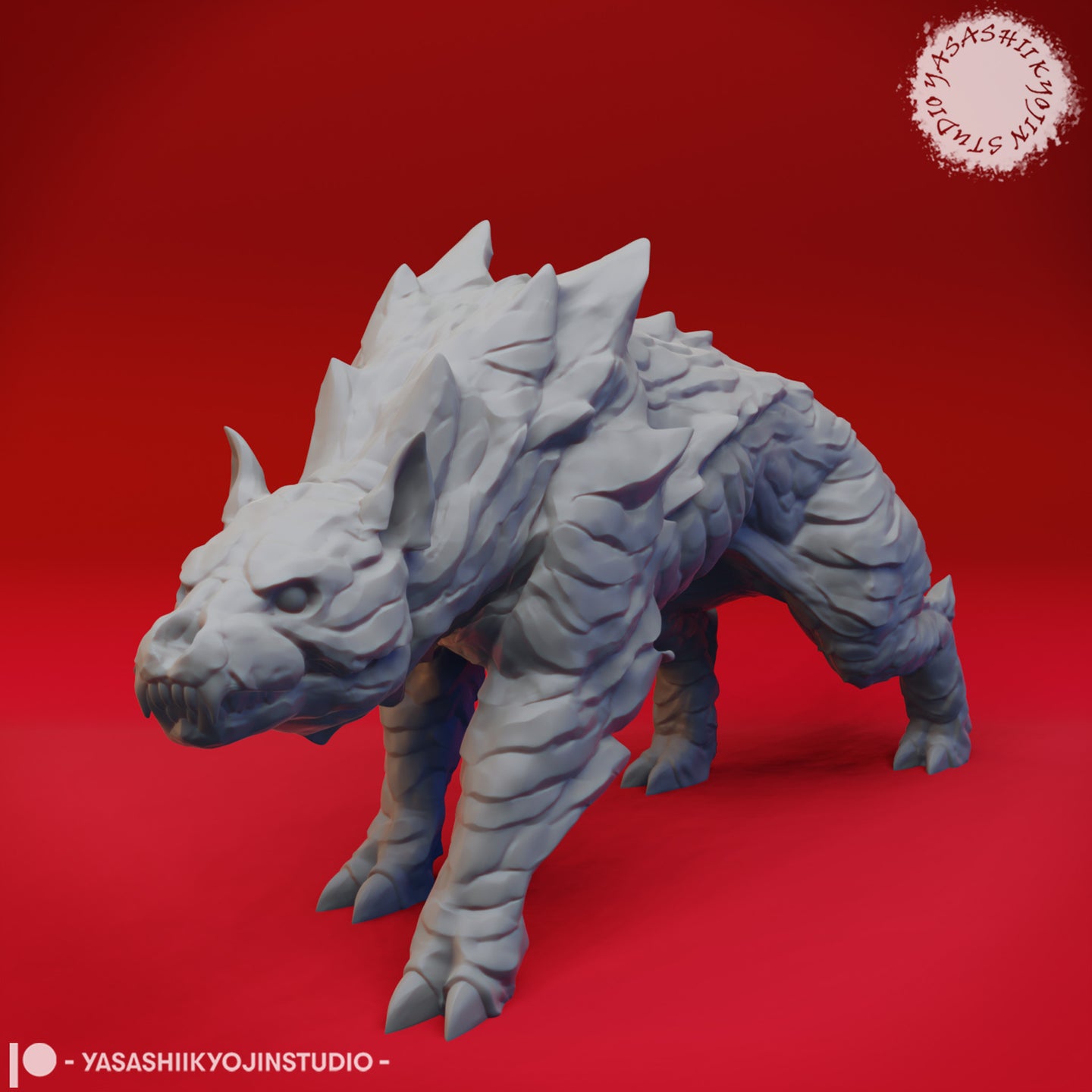 Digital render of an unpainted grey hellhound miniature from Yasashii Kyojin Studios — front three-quarter view showing a heavily scaled quadruped with a skull-like snarling face, hollow eyes, large fangs, and a ridge of sharp dorsal spines running along its back, on a plain red background