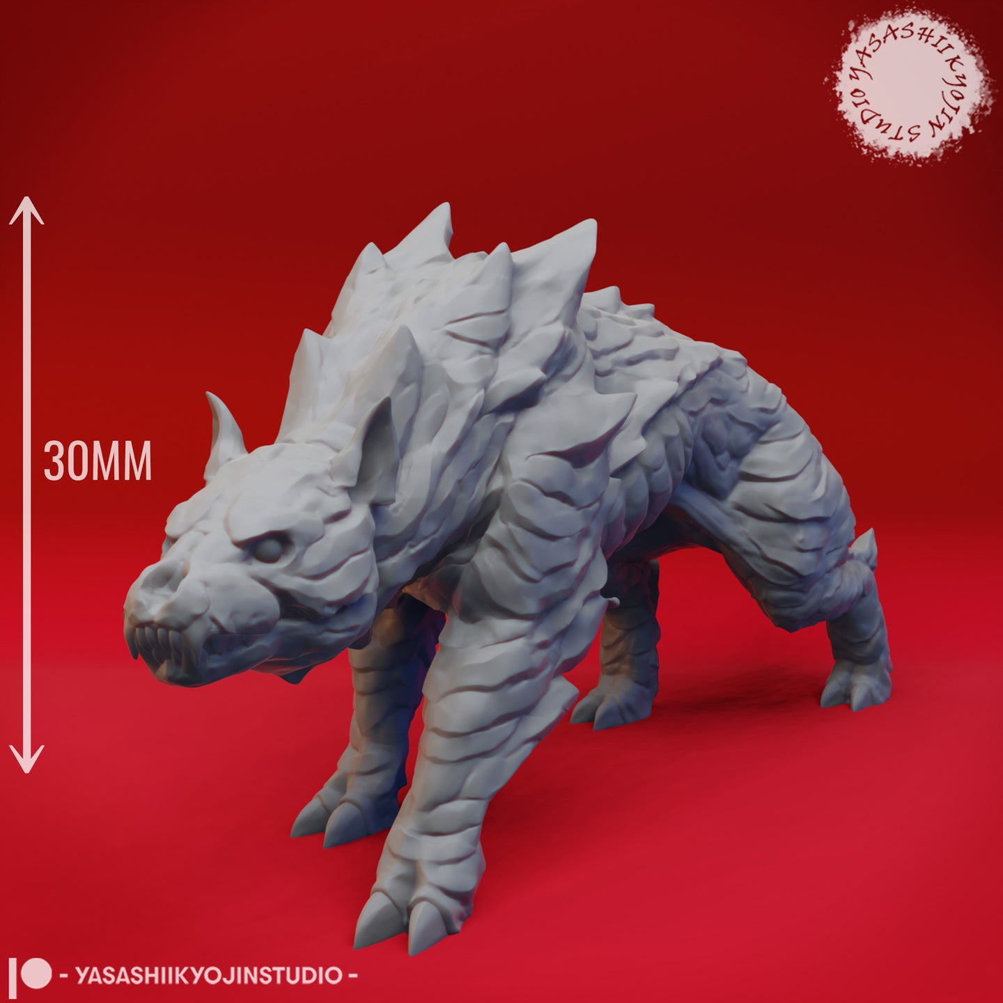Digital render of an unpainted grey hellhound miniature with a 30mm scale indicator — the same front three-quarter view showing the scaled body, dorsal spine ridge, snarling skull face and clawed feet, with a measurement arrow confirming 30mm height on a red background