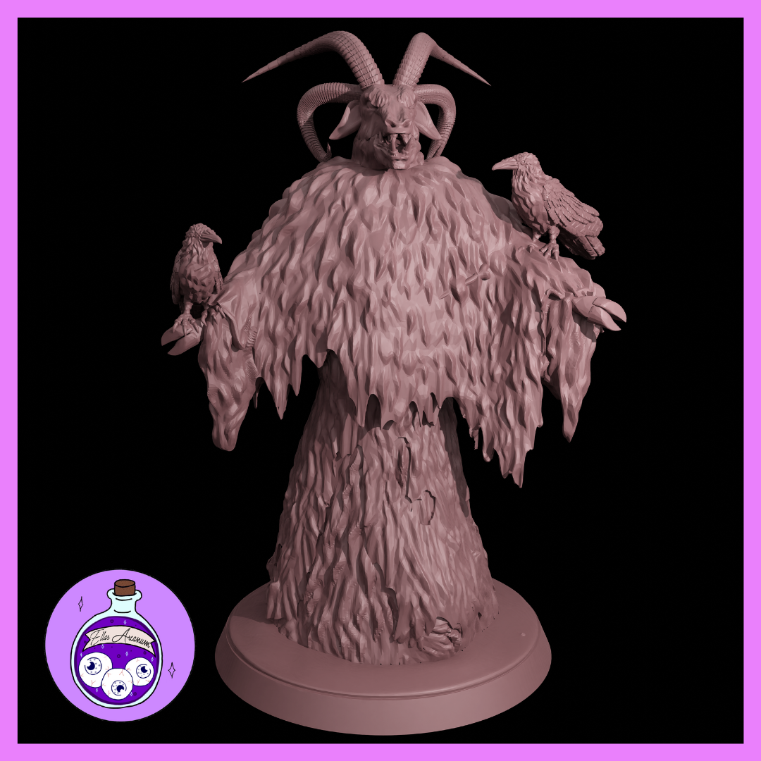 Unpainted grey resin render of the Hellish Shadow Lurker miniature by Ella's Arcanum Minis — a large horned fiend draped in shaggy fur with a snarling face, two curling ram horns, and a raven perched on each outstretched arm, mounted on a round base