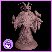 Unpainted grey resin render of the Hellish Shadow Lurker miniature by Ella's Arcanum Minis — a large horned fiend draped in shaggy fur with a snarling face, two curling ram horns, and a raven perched on each outstretched arm, mounted on a round base