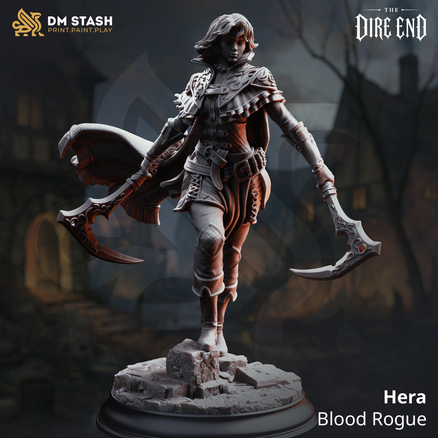 Rear view of Hera the Blood Rogue by DM Stash showing the full expanse of her flowing cape with fine fabric texture, engraved back-plate on her armour, and twin axes visible at her sides.