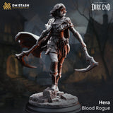 Rear view of Hera the Blood Rogue by DM Stash showing the full expanse of her flowing cape with fine fabric texture, engraved back-plate on her armour, and twin axes visible at her sides.