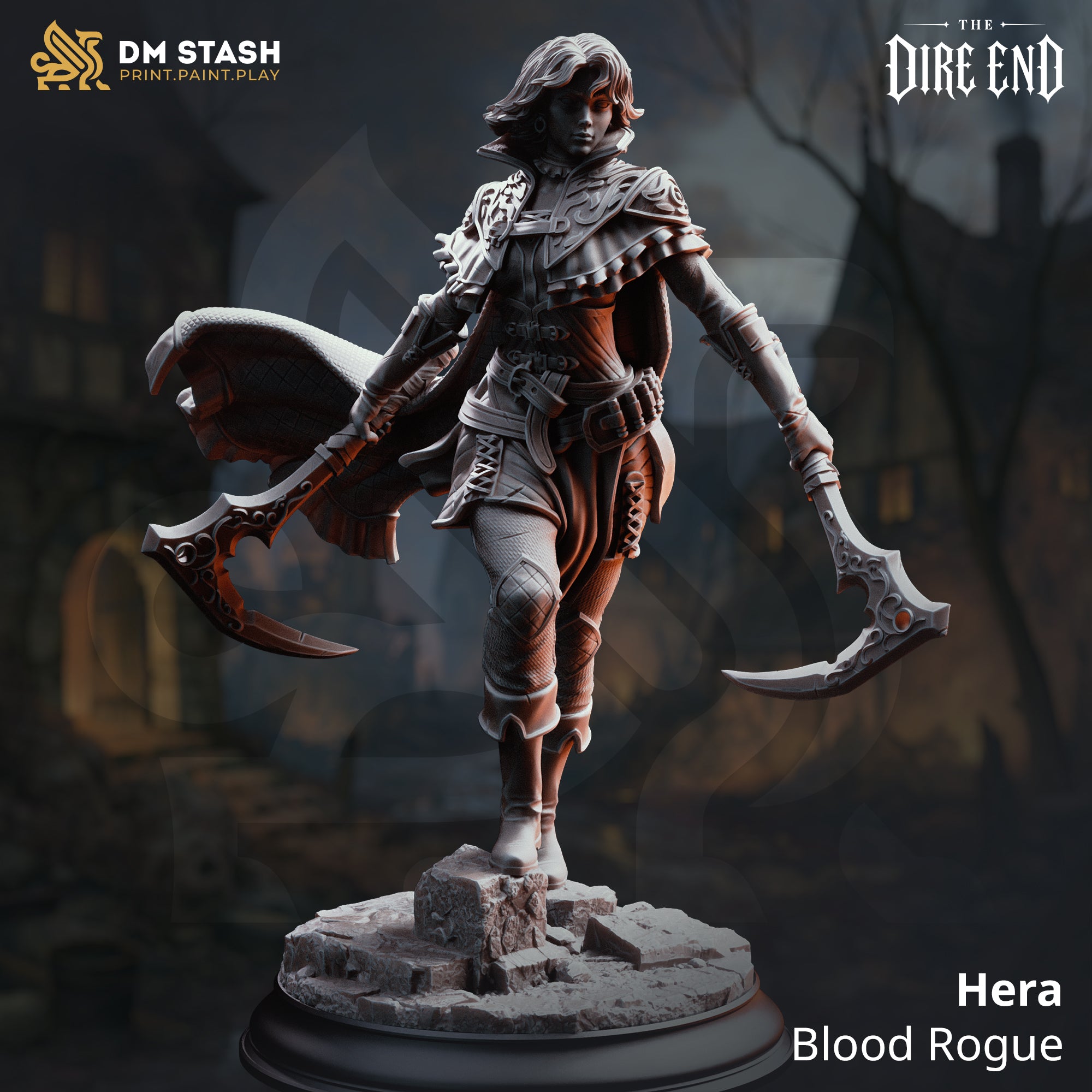 Rear view of Hera the Blood Rogue by DM Stash showing the full expanse of her flowing cape with fine fabric texture, engraved back-plate on her armour, and twin axes visible at her sides.
