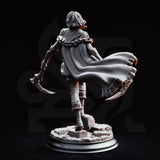 Hera the Blood Rogue by DM Stash, striding forward with twin curved hand-axes held low, wearing layered leather armour with engraved pauldrons and a billowing cape. Rubble base.