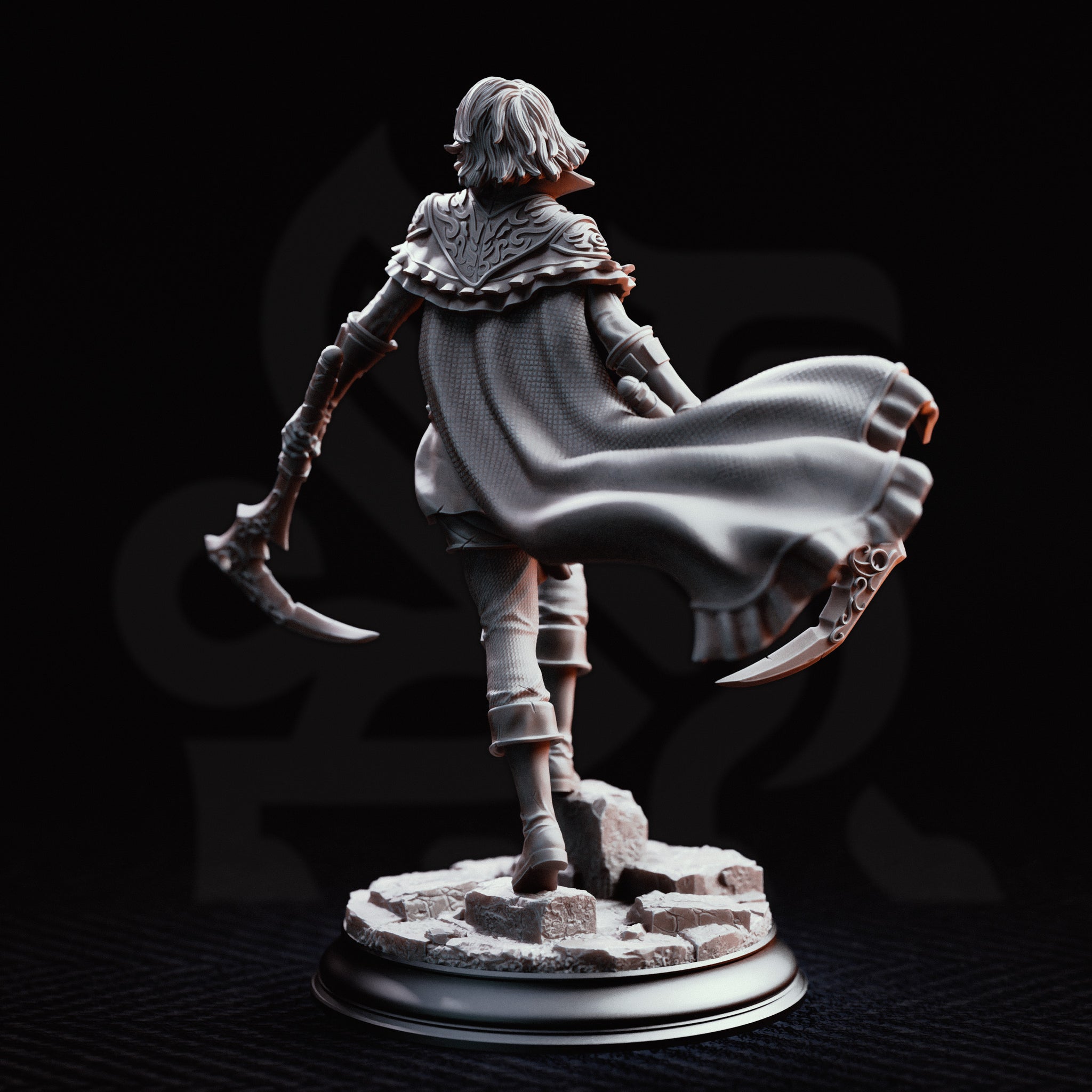 Hera the Blood Rogue by DM Stash, striding forward with twin curved hand-axes held low, wearing layered leather armour with engraved pauldrons and a billowing cape. Rubble base.
