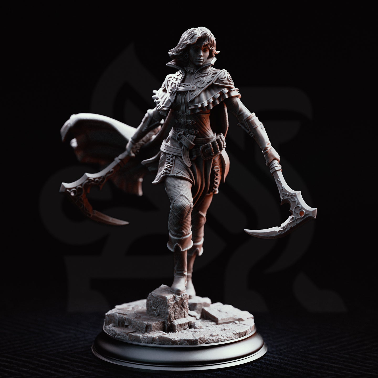 Hera the Blood Rogue by DM Stash, both ornate hand-axes extended wide in a combat stance, filigree pauldrons and laced corset visible, cape swept back, standing on a rocky rubble base.