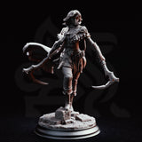 Hera the Blood Rogue by DM Stash, both ornate hand-axes extended wide in a combat stance, filigree pauldrons and laced corset visible, cape swept back, standing on a rocky rubble base.