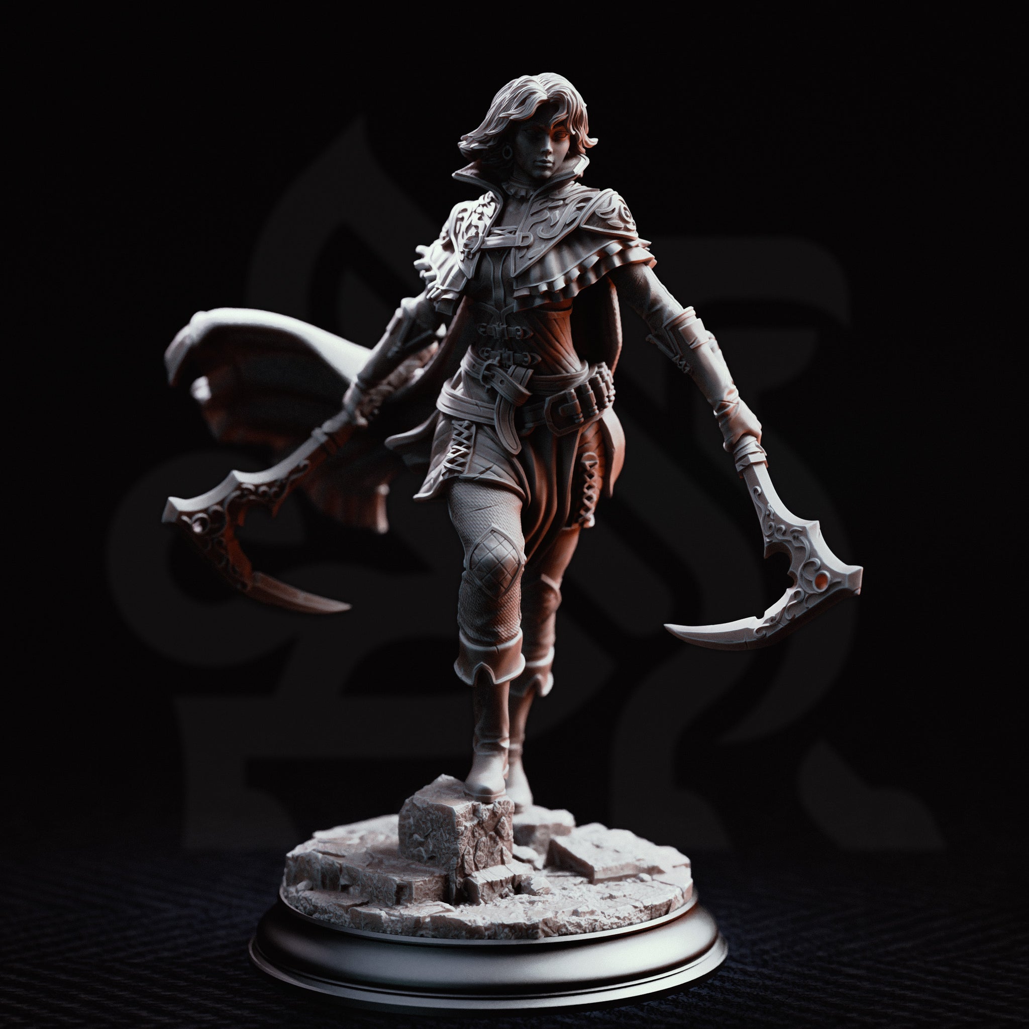 Hera the Blood Rogue by DM Stash, both ornate hand-axes extended wide in a combat stance, filigree pauldrons and laced corset visible, cape swept back, standing on a rocky rubble base.