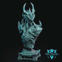 Digital render of the Herald of Lilith bust by Witchsong Miniatures — an unpainted teal resin bust showing a skull-faced horned figure in jagged layered armour with flowing hair, mounted on a detailed stone plinth base