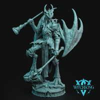 Unpainted cyan resin render of the Herald of Lilith miniature by Witchsong Miniatures — a tall, winged fiend in draconic plate armour with a horned skull mask, wielding a war axe in each hand, one foot raised mid-stride, standing on a large runic 80mm display base