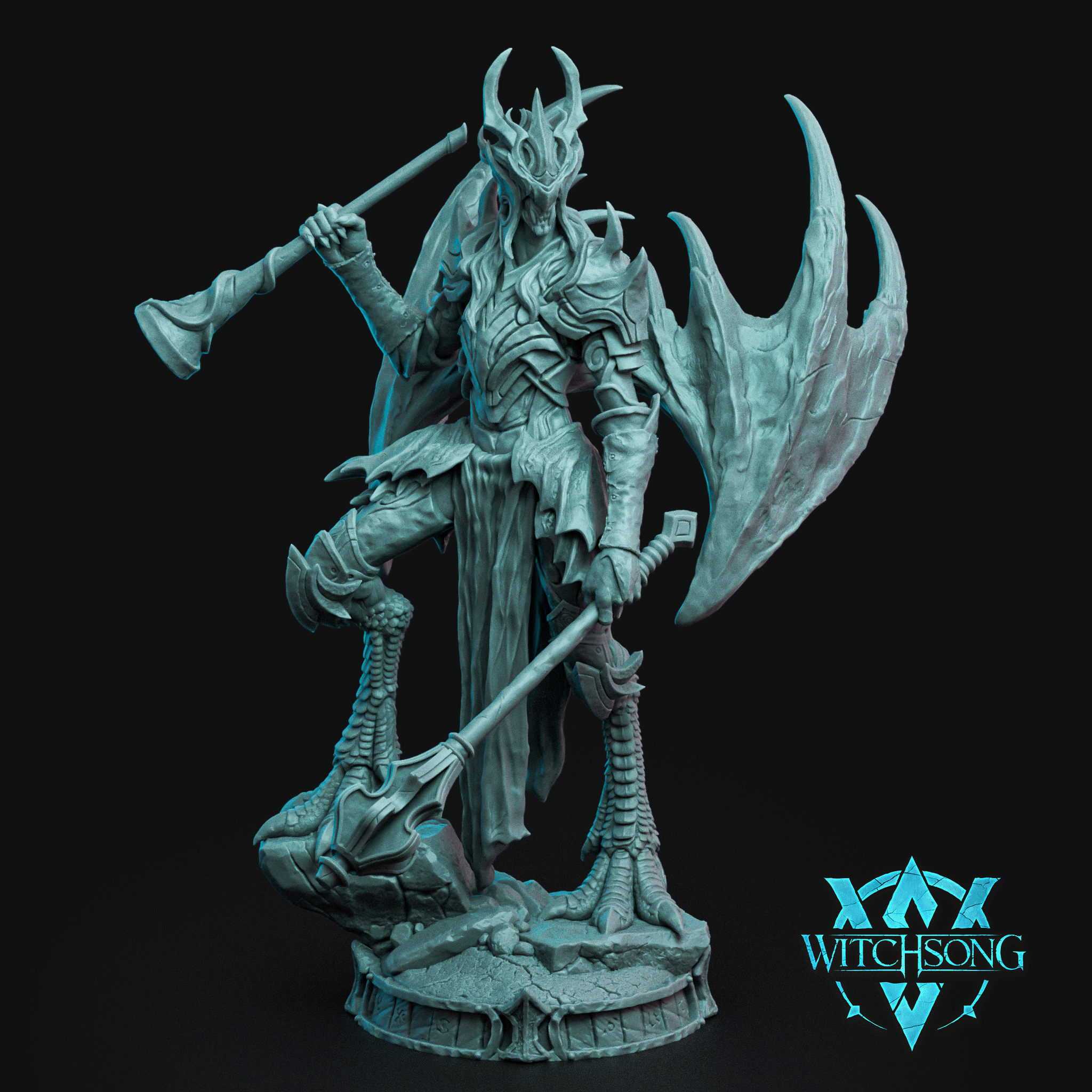 Unpainted cyan resin render of the Herald of Lilith miniature by Witchsong Miniatures — a tall, winged fiend in draconic plate armour with a horned skull mask, wielding a war axe in each hand, one foot raised mid-stride, standing on a large runic 80mm display base