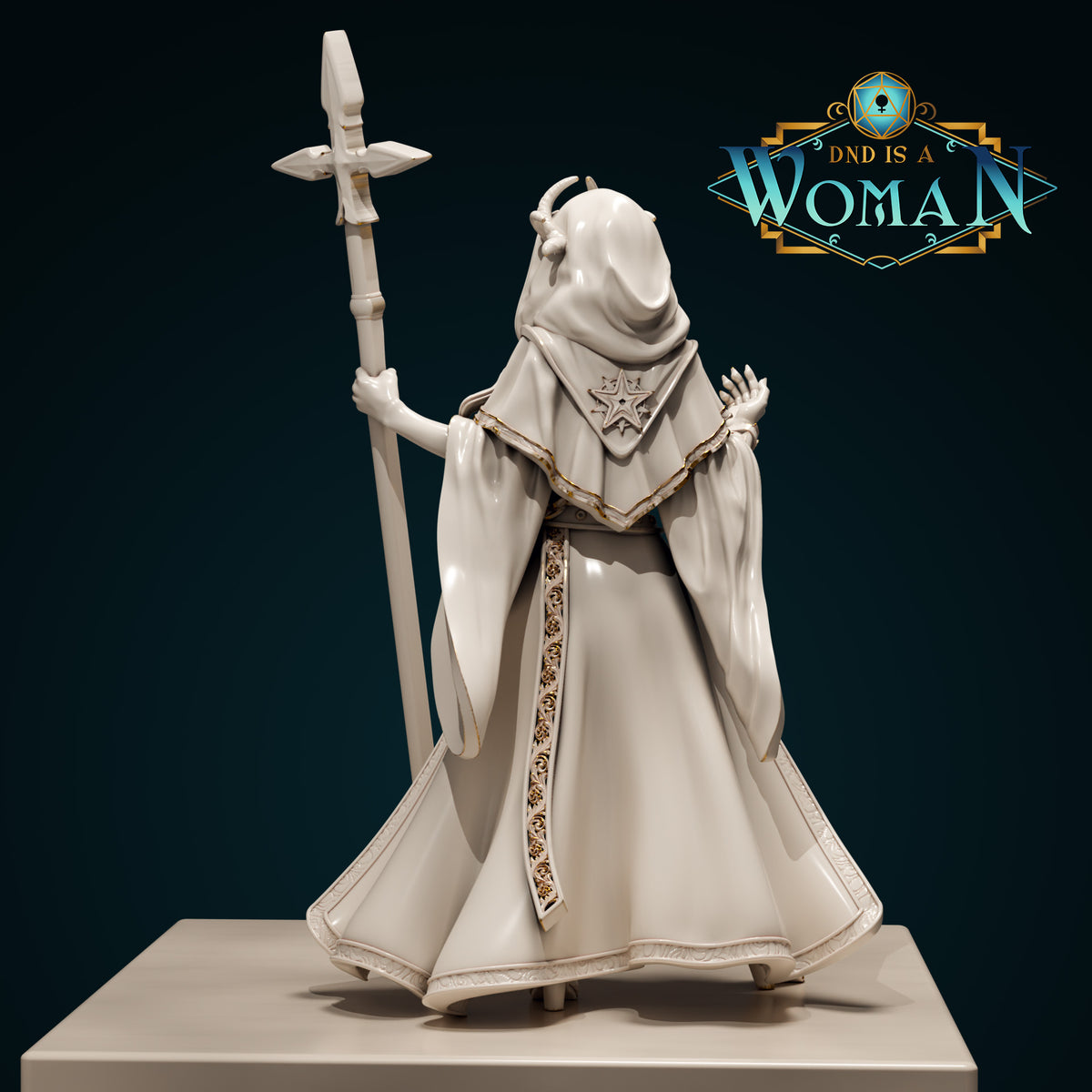Rear of a hooded hexblood cleric miniature showing a sweeping cloak with full-length floral-scrollwork trim on the back panel and a star-burst sigil at the collar, gripping a tall staff aloft. Sculpt by DnD Is A Woman.