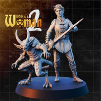 Tiefling warlock woman standing upright holding a shortsword at her side, small horns in her hair, wearing a buttoned jacket and boots. A horned, clawed demonic familiar crouches at her feet, skin ridged with bony studs. Sculpt by DnD Is A Woman.