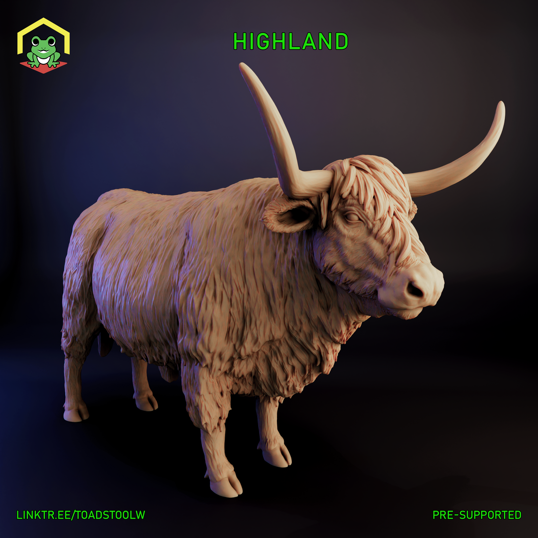 Digital render of a Highland cow miniature sculpt, unpainted, showing a heavily textured shaggy coat with flowing fur strands, broad muscular body, cloven hooves, and two sweeping asymmetric horns. The beast faces three-quarters left with a calm, watchful expression. No base. Dark studio background.