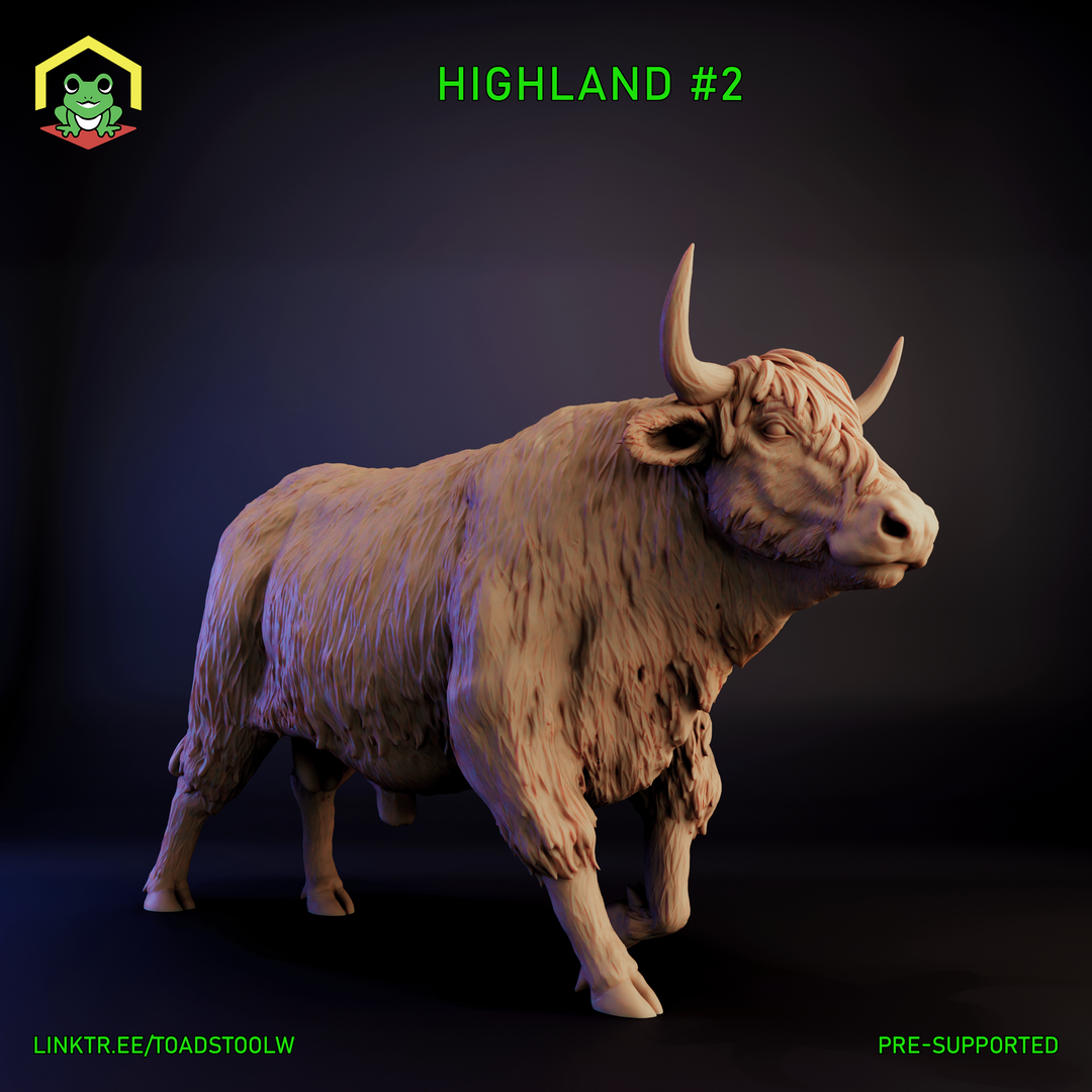 Digital render of a highland bull miniature, variant 2, showing a heavily muscled beast in a three-quarter stance with head turned and broad curved horns raised, textured shaggy fur covering the body, unpainted grey-tone sculpt on a plain dark surface