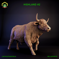 Digital render of a highland bull miniature, variant 2, showing a heavily muscled beast in a three-quarter stance with head turned and broad curved horns raised, textured shaggy fur covering the body, unpainted grey-tone sculpt on a plain dark surface