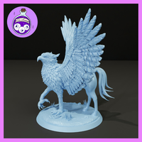 Hippogriff miniature by Ella's Arcanum Minis — eagle head and chest with wings spread wide, raptor talons braced forward, horse hindquarters with flowing tail, on a grassy scenic base.