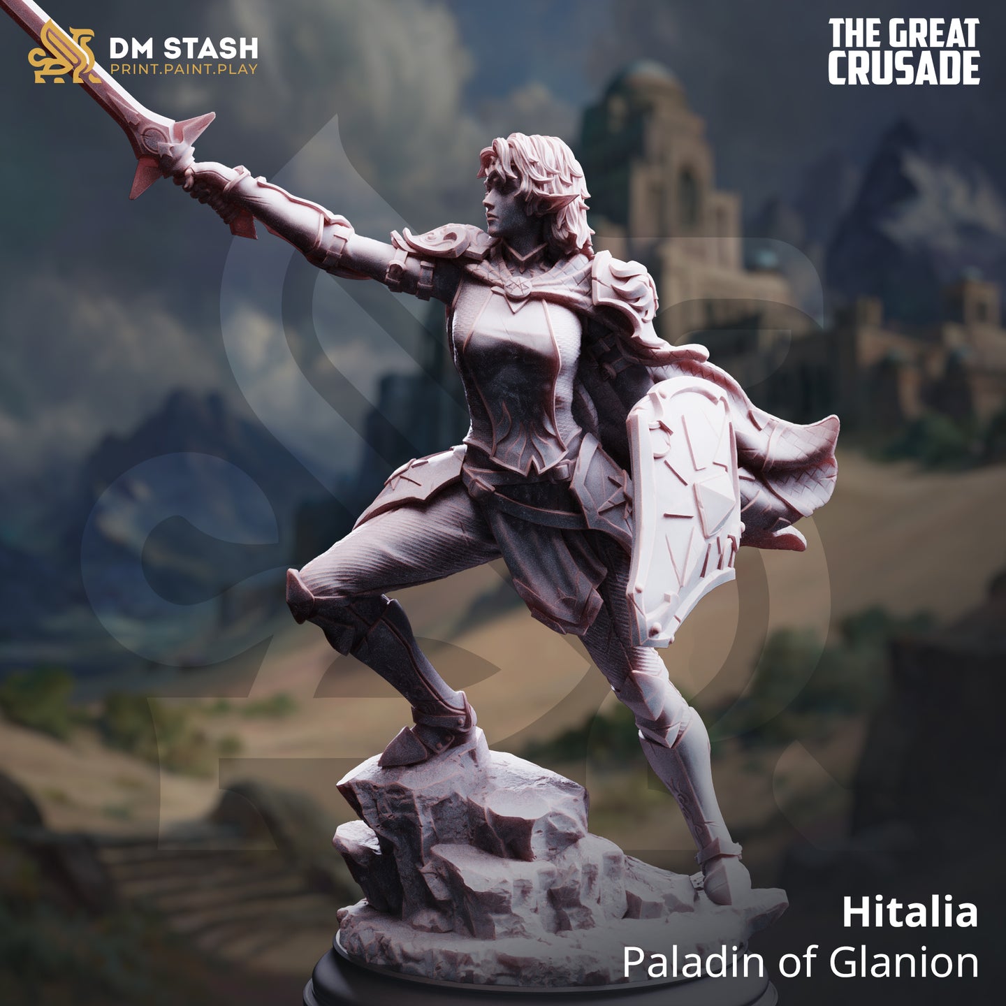 Unpainted grey resin miniature of Hitalia, Paladin of Glanion, photographed against a fantasy landscape backdrop — a female warrior in angular plate armour mid-charge, one knee raised, her long sword thrust forward and a geometric kite shield held to her flank, standing on a rocky rubble base