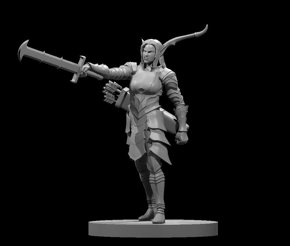 Unpainted grey resin miniature of a female hobgoblin captain at 32mm scale — armoured in layered plate with swept horn helm, striding forward with a broad-bladed sword extended and a quiver of arrows at her hip, mounted on a round base