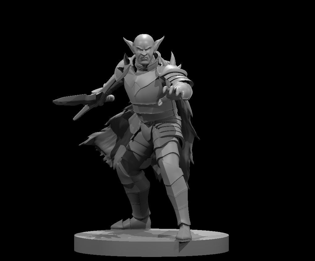 Grey resin digital render of a male Hobgoblin Captain miniature at 32mm scale, shown in a dynamic forward stride with sword drawn back and one gauntleted hand extended. He wears segmented plate armour with angular shoulder spikes and a sweeping cloak. His broad, pointed-eared face bears a cold, commanding expression. Sculpted by MZ4250.