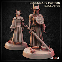 Digital render showing front and rear views of the Hobgoblin Knight Commander miniature — an armoured hobgoblin warrior in a winged helmet and flowing battle-cloak, holding a round shield and resting a large greatsword on the ground, mounted on a crystal-strewn scenic base. Labelled as a Legendary Patron Exclusive by M3DM.