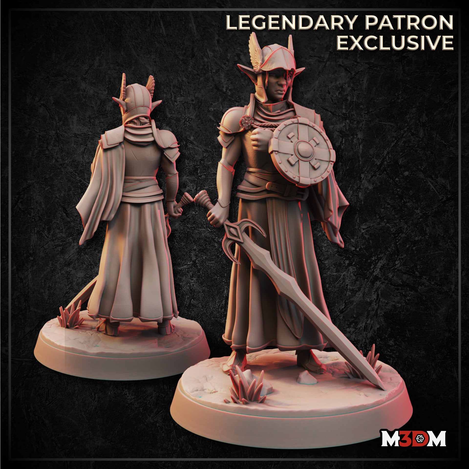 Digital render showing front and rear views of the Hobgoblin Knight Commander miniature — an armoured hobgoblin warrior in a winged helmet and flowing battle-cloak, holding a round shield and resting a large greatsword on the ground, mounted on a crystal-strewn scenic base. Labelled as a Legendary Patron Exclusive by M3DM.