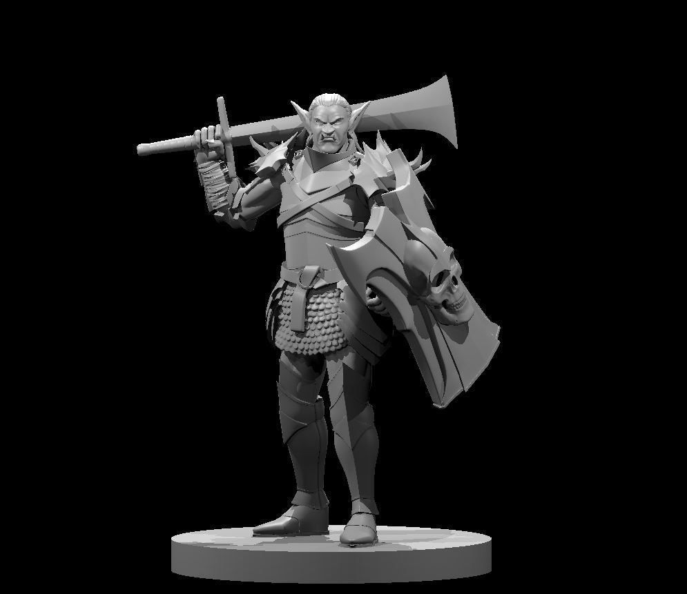 Unpainted grey resin 3D printed miniature of a hobgoblin warlord at 32mm scale, shown as a digital render. The figure stands in a confident, commanding pose with a large skull-adorned shield on his left arm and a broad-bladed great axe resting across his right shoulder. He wears spiked plate armour over scale-mail, has pointed ears, and bears a stern, battle-hardened expression. Mounted on a round flat base.