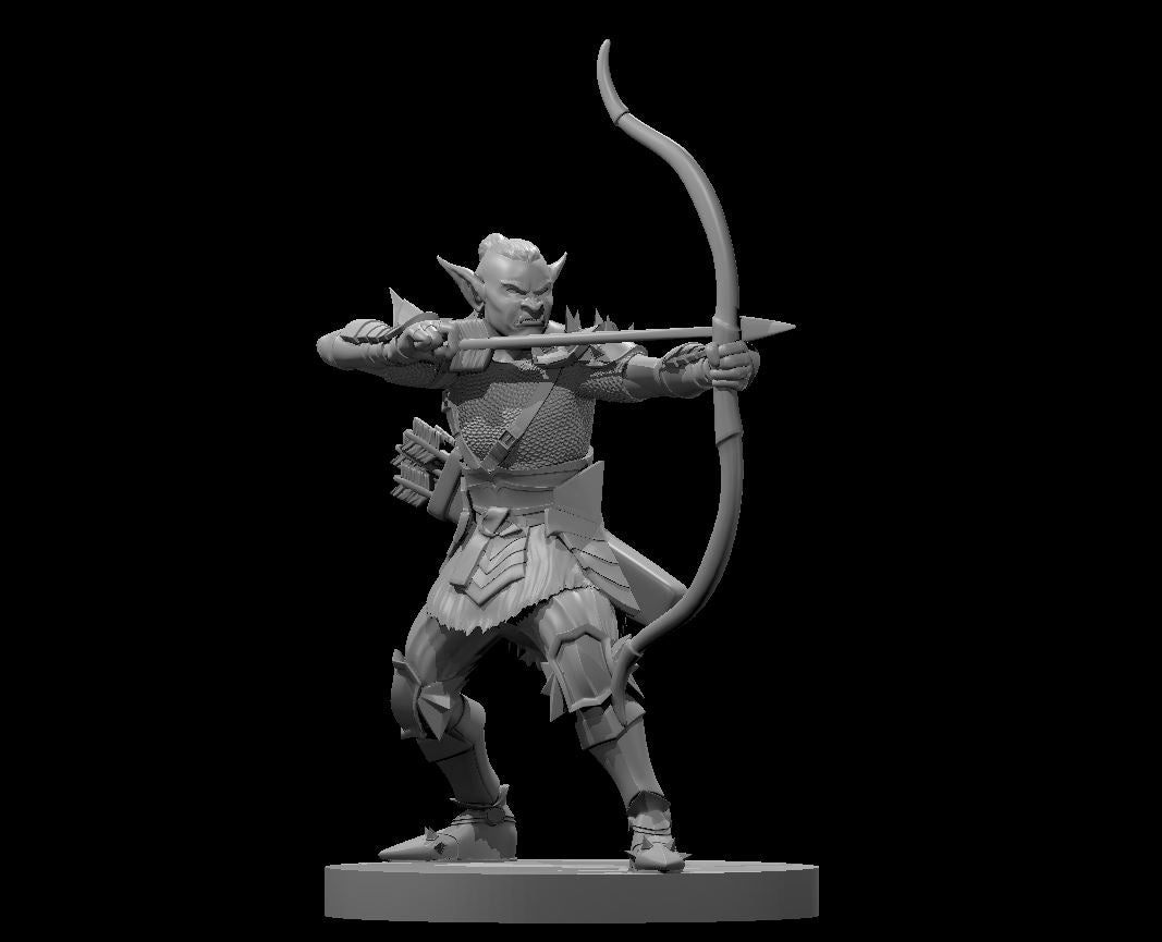 Unpainted grey resin miniature of a hobgoblin warrior archer at 32mm scale, wearing layered scale and plate armour with spiked pauldrons, standing in a wide braced stance with a longbow drawn to full extension and an arrow nocked, quiver visible at the hip, mounted on a round base