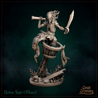 Skeletal undead pirate standing in a crow's nest, raising a telescope in one hand and brandishing a cutlass in the other. Ghostly wispy tendrils trail from the skull's jaw and crown. Ragged coat, braided rope on the mast, coral and driftwood scattered across the base. Sculpt by Great Grimoire.