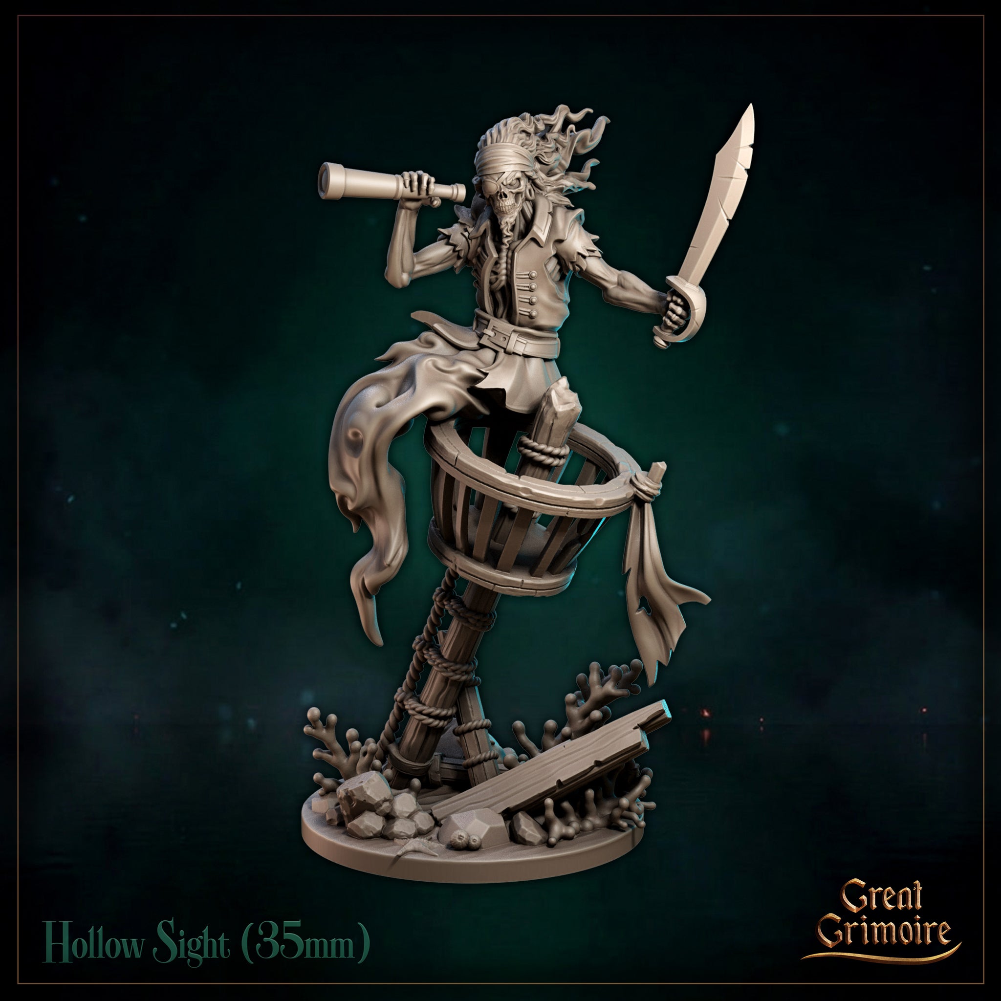Skeletal undead pirate standing in a crow's nest, raising a telescope in one hand and brandishing a cutlass in the other. Ghostly wispy tendrils trail from the skull's jaw and crown. Ragged coat, braided rope on the mast, coral and driftwood scattered across the base. Sculpt by Great Grimoire.