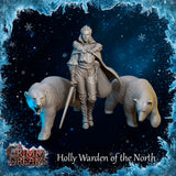 Digital render of Holly Warden of the North miniature set: an unpainted grey resin female ranger in fur-trimmed cloak holding a longsword, flanked by two polar bear miniatures — one snarling with open jaws, one prowling with head lowered. Grimm Dreams branding visible.
