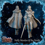 Digital render showing front and back views of Holly Warden of the North miniature: an unpainted grey resin female ranger with wind-swept hair, fur-collared cape, lace-up boots, and longsword at her side. Grimm Dreams branding visible.