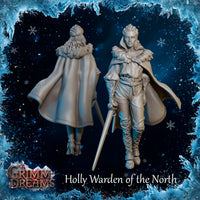 Digital render showing front and back views of Holly Warden of the North miniature: an unpainted grey resin female ranger with wind-swept hair, fur-collared cape, lace-up boots, and longsword at her side. Grimm Dreams branding visible.