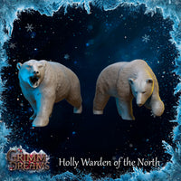 Digital render of the two polar bear miniatures from the Holly Warden of the North set: one bear with mouth wide open in a roar, one bear stalking with head dipped low, both in unpainted grey resin with highly detailed fur texture. Grimm Dreams branding visible.