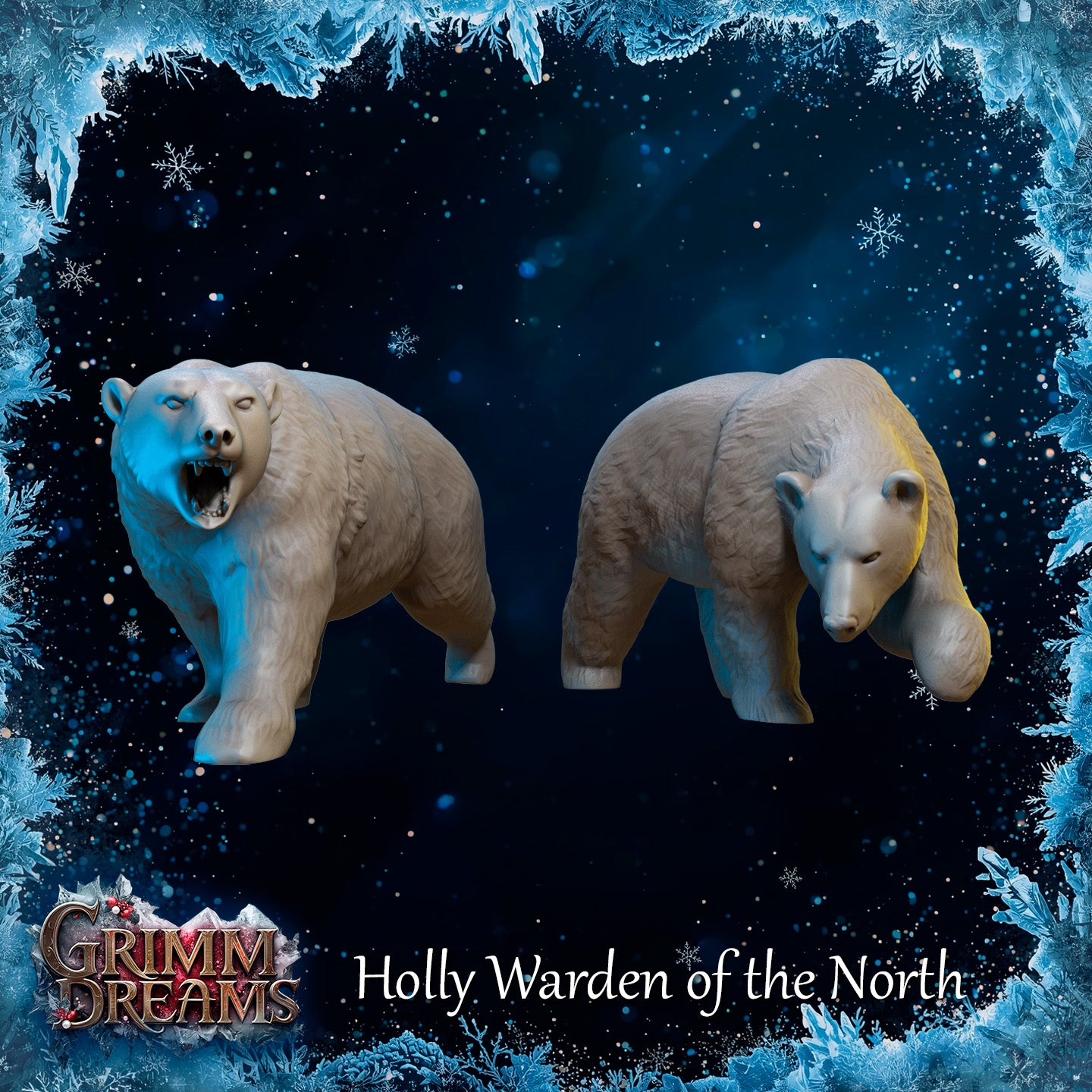 Digital render of the two polar bear miniatures from the Holly Warden of the North set: one bear with mouth wide open in a roar, one bear stalking with head dipped low, both in unpainted grey resin with highly detailed fur texture. Grimm Dreams branding visible.