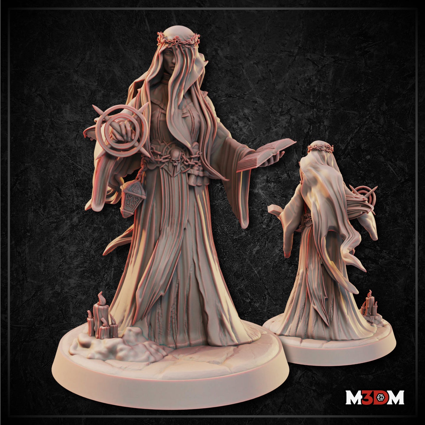Front and rear views of the Holy Sister Exorcist 32mm resin miniature render — a veiled robed woman wearing a thorn crown, holding an ornate ritual wheel in one hand and a hanging lantern at her belt, with candles and bones on the base