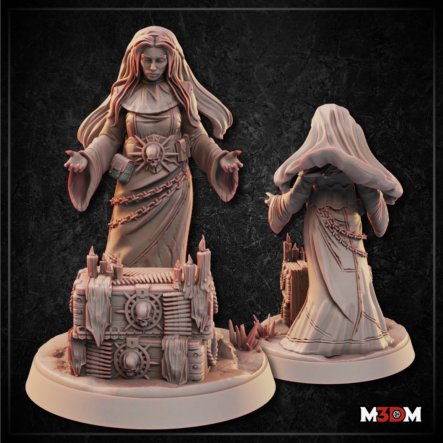 Unprinted grey resin render of the Holy Sister Priestess miniature showing front and rear views — a robed female figure with long flowing hair, a skull-sun emblem belt, chains around her body, arms outstretched with open palms, standing over a detailed ritual chest base ringed with candles