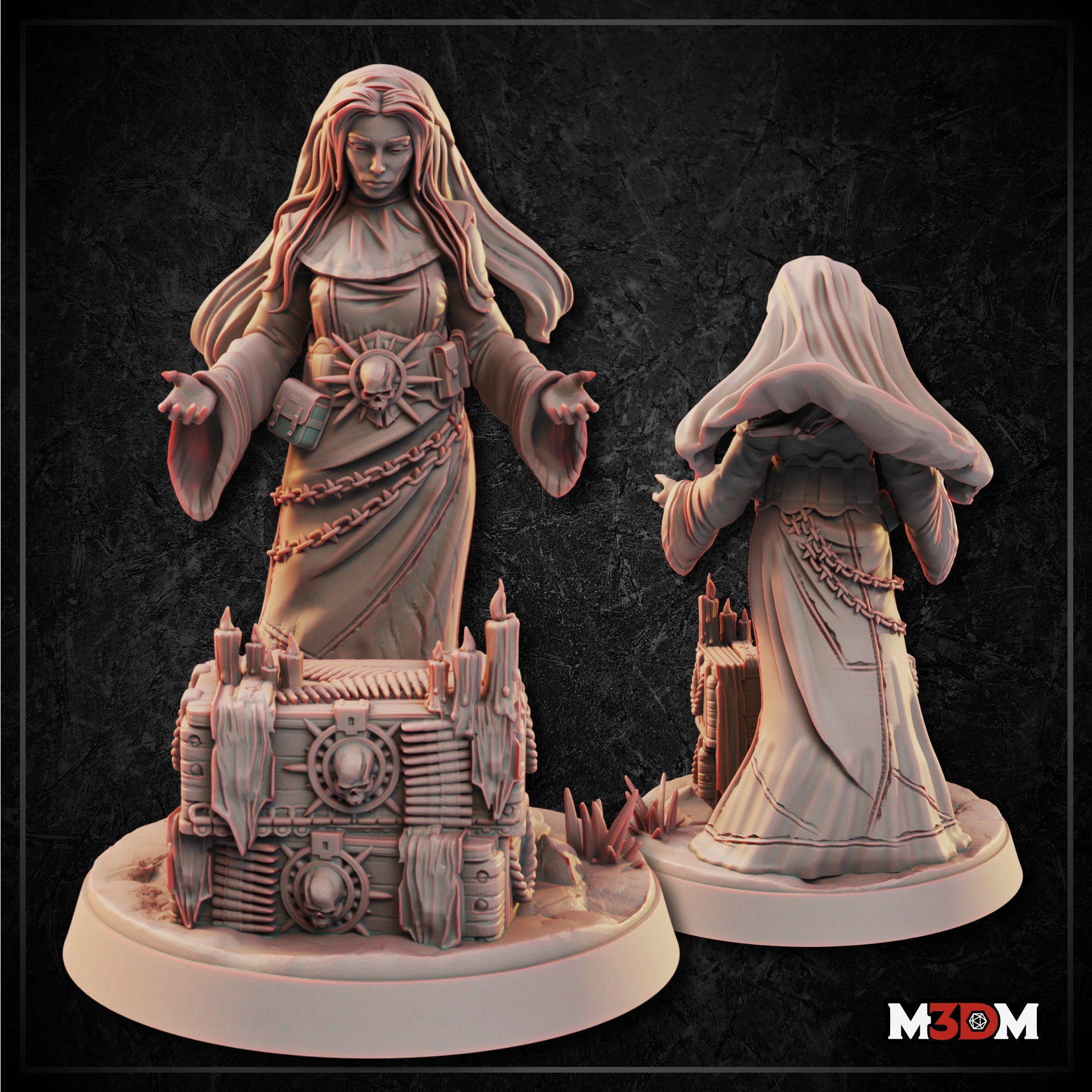 Unprinted grey resin render of the Holy Sister Priestess miniature showing front and rear views — a robed female figure with long flowing hair, a skull-sun emblem belt, chains around her body, arms outstretched with open palms, standing over a detailed ritual chest base ringed with candles