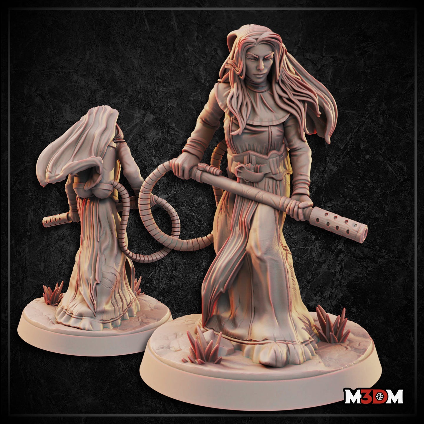 Two unpainted resin miniatures of the Holy Sister Purifier by Mia Kay M3DM — the larger front figure shows a robed woman with long loose hair holding a banded staff with a coiled whip; the smaller rear figure shows the same character in a hooded variant with face obscured; both stand on textured bases with crystalline growths