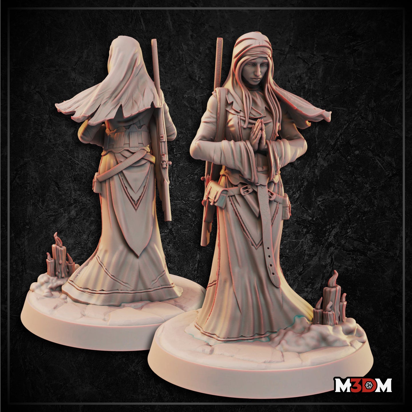 Two angles of the Holy Sister Sharpshooter resin miniature — unpainted grey resin showing a robed woman in a flowing veil with hands clasped in prayer, a long rifle slung across her back, bandolier and buckled kit at her waist, on a base decorated with melted candle stubs