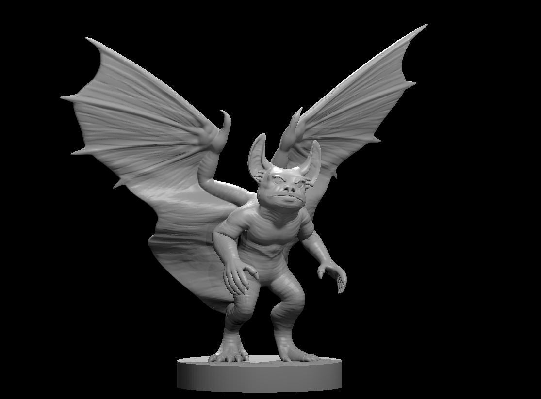 Unpainted grey resin 3D printed homunculus miniature from MZ4250's MM2025 range — wings spread wide overhead, clawed feet planted on a round base, compact body with bat-like ears, flat snout, and heavy-lidded eyes, viewed from the front against a black background