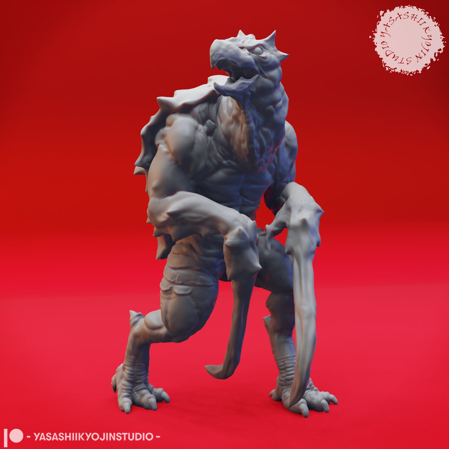 Close-up digital render of a single Hook Horror miniature by Yasashii Kyojin Studio — unpainted grey sculpt showing the creature rearing upright with jaws open wide, one massive bone hook arm extended and the other tucked, with a heavily spiked carapace across its back and clawed feet on the ground